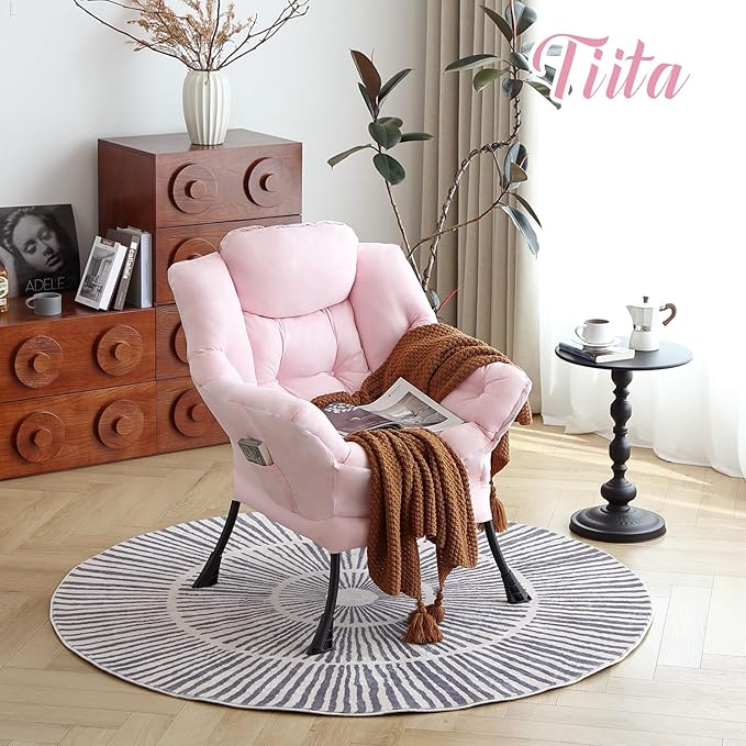 Tiita Lazy Chair, Pink Chair Modern Large Accent Lounge Armchair, Comfy Leisure Sofa Reading Chair for Bedroom, Living Room, Dorm Rooms, Garden and Courtyard, Pink