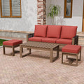 INTER HUT Rustic Hideaway Natural Cedar Wood Outdoor Furniture Set, Wicker Patio Conversation Set for Porch Garden Backyard, Couch, Coffee Table and 2 Ottomans, 4 Piece, Brownish/Red
