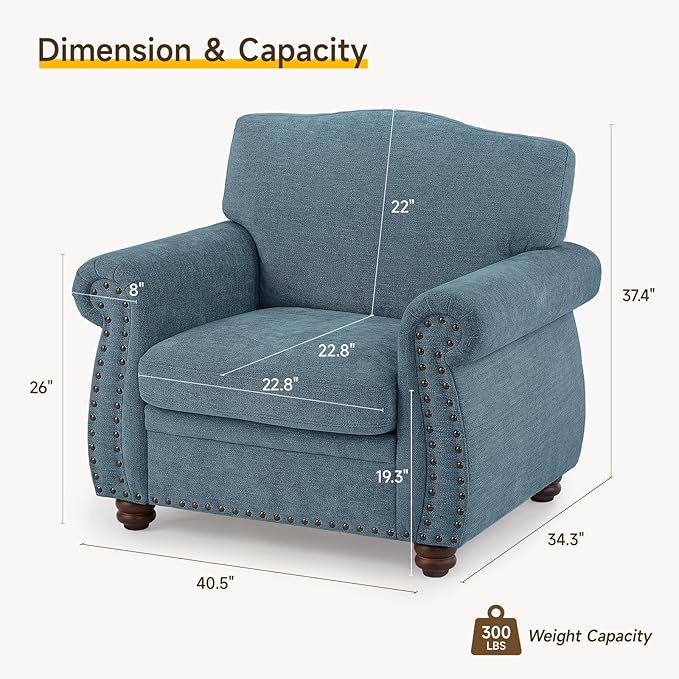 ONBRILL Nailhead Trim Armchair, Rolled Arm Accent Chair for Living Room, Comfy Chenille Club Sofa Chair w/Springs Cushions & Wood Legs, Traditional Single Couch Chair for Apartment, Farmhouse, Teal