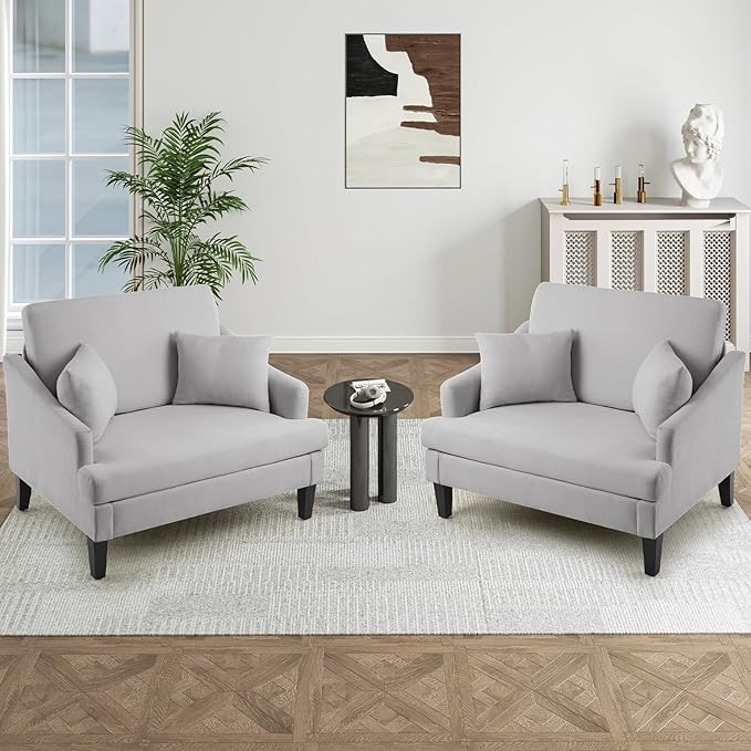 Bezseller Oversized Accent Chairs Set of 2, 33.5'' Wide Seat Comfy Armchair with 2 Pillows, Upholstered Big Reading Chair, Modern Single Sofa Chair for Living Room Bedroom Apartment Office, Grey