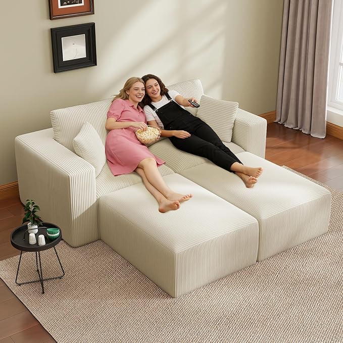 79" Modular Sectional Sofa, Cloud Couch Loveseat Memory Foam Boneless Couch with Chaise, Cozy Upholstered Corduroy Floor Couch, No Assembly Required Living Room Furniture for Apartment, Beige