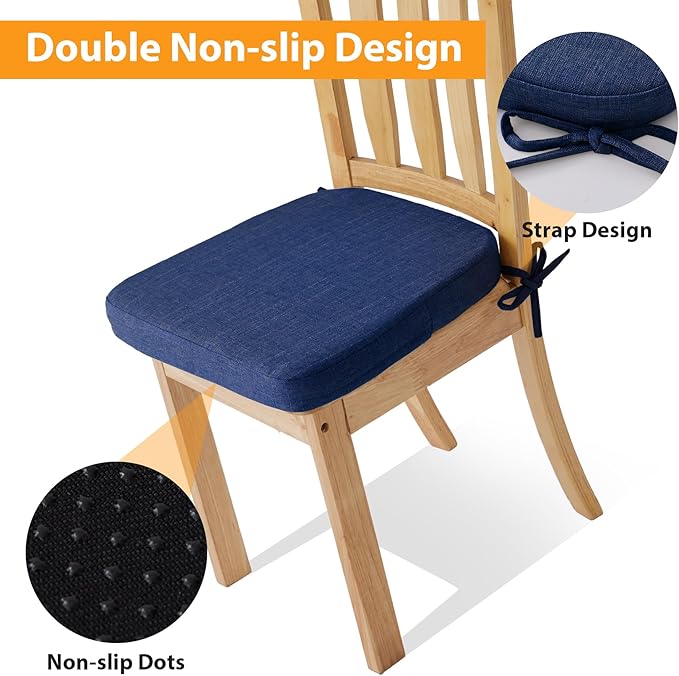 Ruqmuis Chair Cushions for Dining Chairs, 2" Thick Seat Cushions for Kitchen Chairs, D-Shaped Chair Pads with Washable Cover, Ties and Non Slip Backing, 17'' x 16'', Set of 6, Blue