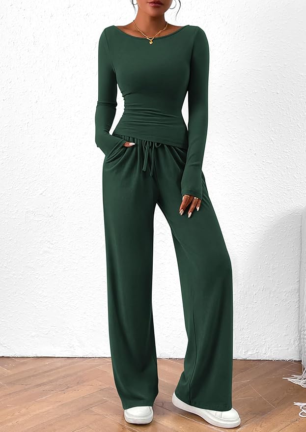 PRETTYGARDEN Women's 2 Piece Lounge Sets Asymmetrical Long Sleeve T Shirt Wide Leg Pants Casual Outfits Tracksuit