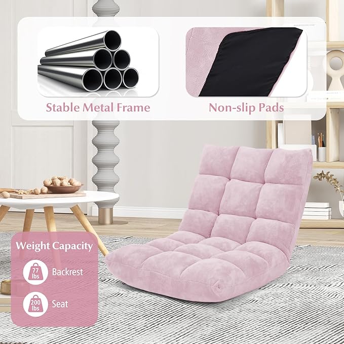 DREAMADE Folding Floor Chair w/Back Support, 14-Position Adjustable Lazy Sofa Chair w/Coral Velvet Fabric & Alloy Steel Frame, Portable Meditation Chair for Reading, Gaming,Sleeping (Light Pink)