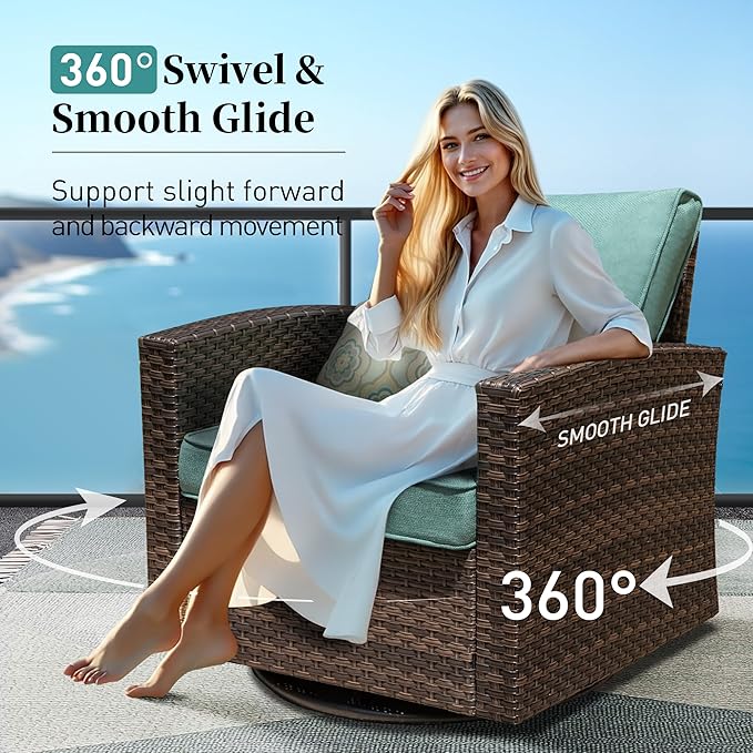 Swivel Glider Patio Furniture Set Outdoor Furniture Brown Wicker Rattan Patio Conversation Sets with Cushion Outside Sofa Set,7 Pieces with Rectangular Firepit Table,9 Seats,Blue