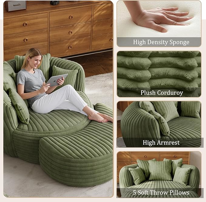 50" W Oversized Round Chaise Lounge Chair with Ottoman Indoor Boneless Plush Fluffy Corduroy Circle Couch Soft Comfy Cozy Cloud Reading Chair for Living Room, Playroom, Bedroom - Green