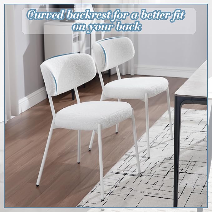 KCC Boucle Dining Chairs Set of 4, Modern Mid-Century Upholstered Stylish Kitchen Chairs Sherpa Accent Diner Chairs with Metal Legs and Curved Back for Kitchen, Dining Room(White)