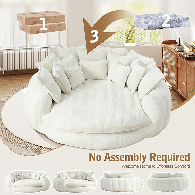 82'' Oversized Upholstered Sofa Bed, Round Chaise Lounge Chair Indoor, Modern Chenille Boneless Couch, No Assembly Required, Plush Sleeper Chair with 14 Pillows for Living Room, Beige
