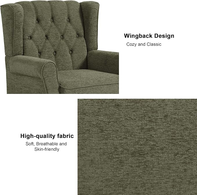 DREAMSIDEA Accent Chair, Upholstered Armchair with Button Tufted High Back & Solid Wood Legs, Comfy Wingback Reading Single Sofa Chair for Small Spaces, Living Room, Bedroom-Green, Set of 1