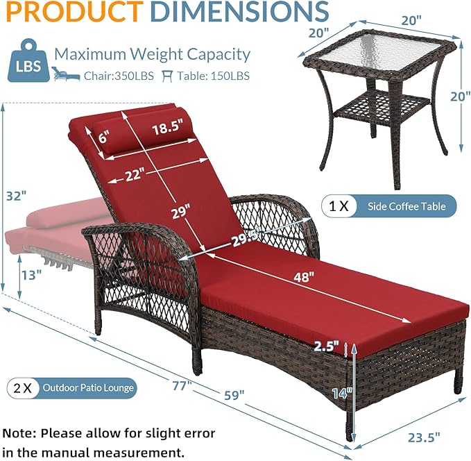 WINGTU 3 Piece Patio Chaise Lounge Set, Outdoor Patio Furniture Modern Lounge Chairs Set of 2 with Side Table & 6-Position Adjustable Backrest, Durable PE Wicker, Weather Resistant Cushions, Red
