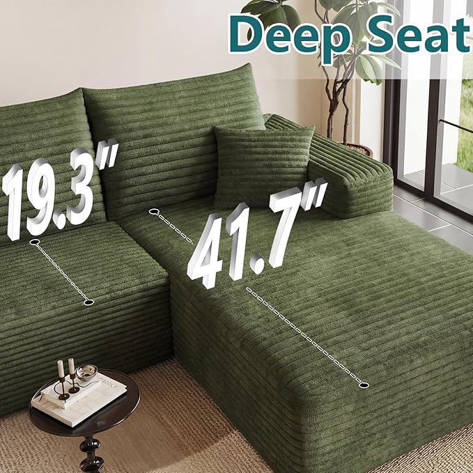95" U-Shape Cloud Couch, Modern Modular Sectional L-Shape Sofa with Ottoman, Corduroy Upholstered Couches Deep Seat Sleeper Chaise Longue for Living Room, No Assembly Required(Green, Right Facing)