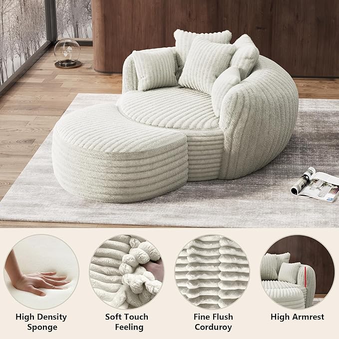 Oversized Chaise Lounge Chair Indoor with Ottoman 50.5" W x 67.0" D Round Soft Corduroy Comfy Oversized Reading Chair with 5 Pillows for Living, Reading Room - Beige White