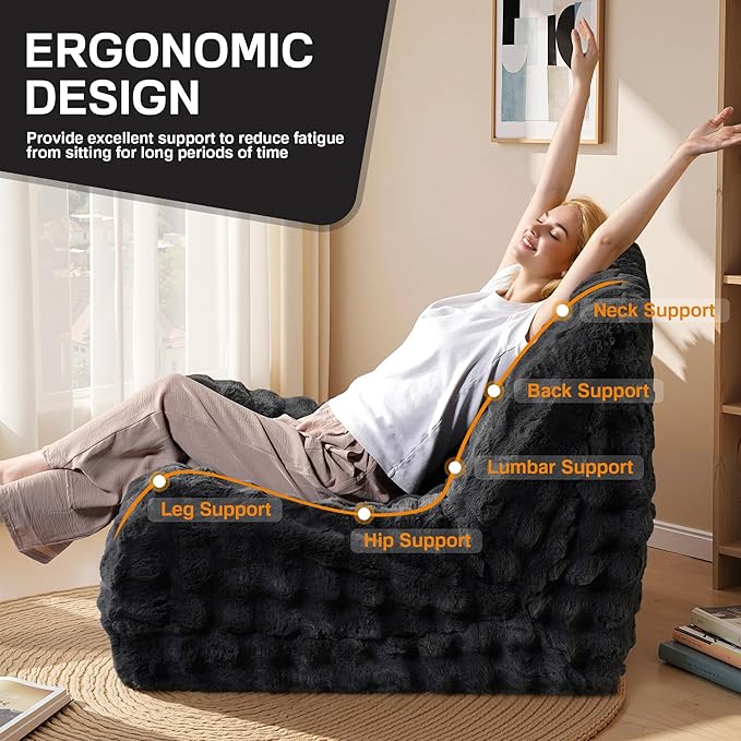 Bean Bag Chair for Adults, Giant Beanbag Lounger with Plush Faux Fur, Comfy Memory Foam Chair Floor Lazy Chair for Living Room Bedroom Dorm Apartment Reading Nook，Dark Grey