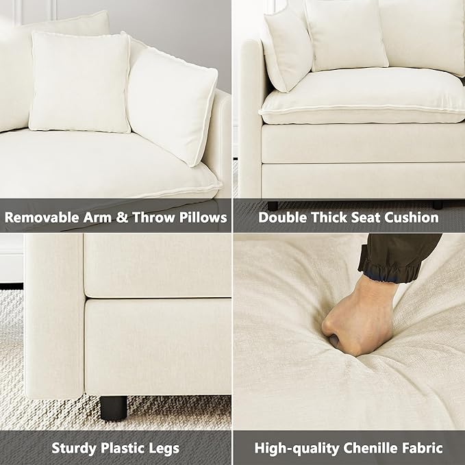 Aoowow Modular Sectional Sofa Modern Convertible L Shaped Couch,112.2 Inch Deep 3-Seater Sofas Set Comfy Chenille Cloud Sofas and Couches with Movable Ottoman for Living Room Apartment（Beige）