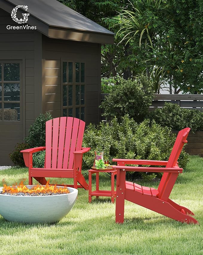 GREENVINES Adirondack Chairs Set of 4 | HDPE Plastic | Oversized Fire Pit Chair | All Weather | Red | Poly Lumber | for Outdoor Deck Backyard Patio Garden