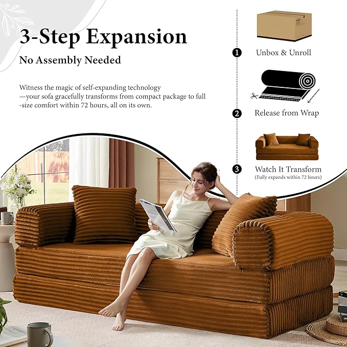 Chorlenimi Boneless Couch Futon Sofa Bed Sectional Couches for Living Room,Cloud Couch with Sleeper Sofa,Sofas for Living Room Oversized Corduroy Upholstered (Orange, 76 Inches (No Iron Frame))