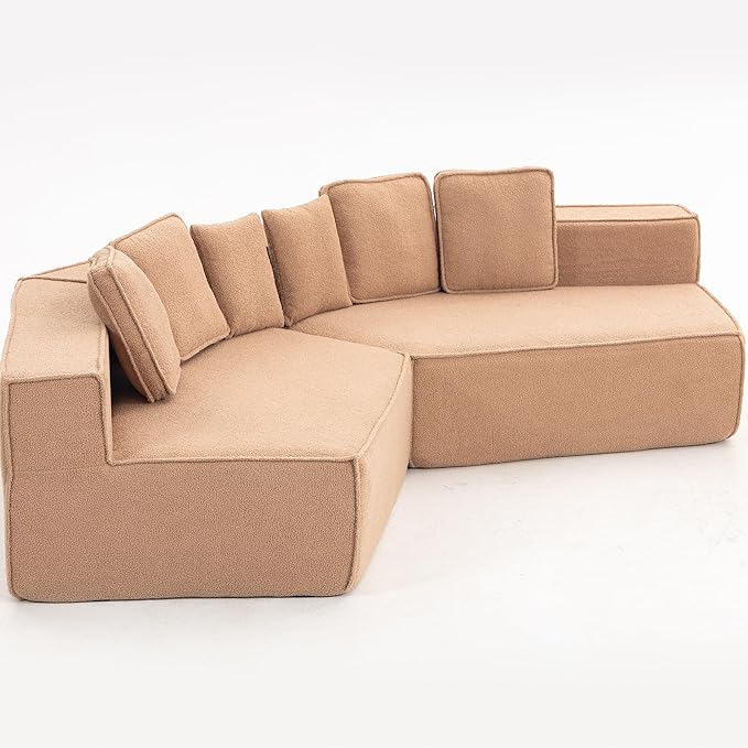 EPOFIT 132'' Oversized Teddy Fleece Modular 2-Seater Sofa, Compressed All-Foam Floor Couch with 6 Cushions, Low-Profile Cozy Sectional Sofa for Living Room & Apartment – Brown