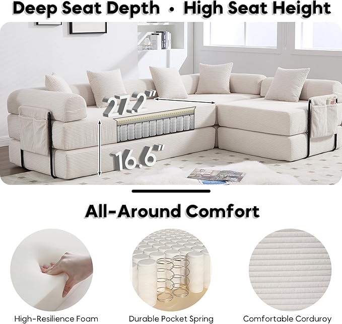 L Shape Convertible Sofa Bed with Cylindrical Pillow and Storage Pocket, Convertible Sofa Couch Bed with Support Frame for Living Room Bedroom Children Room-Beige