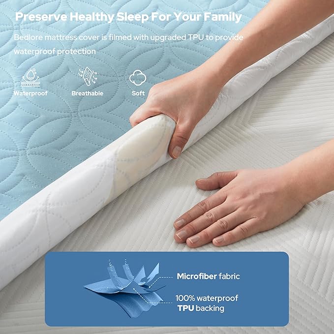BEDLORE Waterproof Mattress Protector, Cal King Size Mattress Pad with Deep Pocket 6"-21" Depth, Soft Dirt-Proof Double Bed Mattress Cover for Bedroom, College Dorm, Hotel (Sky Blue)