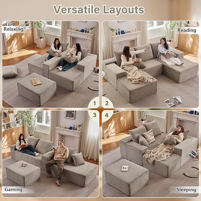 Lakifun 107" U-Shape Cloud Couch, Modern Modular Sectional Comfy L-Shape Sofa with Ottoman, Deep Seat, Upholstered Corduroy Sleeper Chaise Longue for Living Room Bedroom, No Assembly Required, Camel