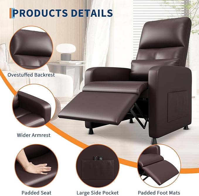 GarveeHome Power Recliner Chair, Adjustable Electric Recliner Ergonomic Overstuffed PU Leather Single Sofa, Tall Back, Padded Seat, 2 Side Pockets and USB Port, Home Theater Seating for Living Room