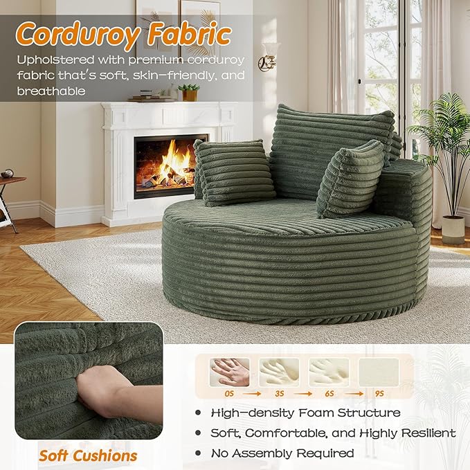 50"W Oversized Round Chaise Lounge Chair Indoor, Upholstered Corduroy Deep Seat Cloud Circle Sofa Chair, Modern Fluffy Comfy Floor Reading Armchair for Living Room, Bedroom, No Assembly Required,Green