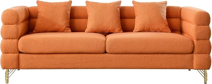 mikibama Modern Teddy Sectional Sofa, 81 Inch Oversized Sofa Couch, Luxury 3 Seater Deep Couch with 3 Pillows and Gold Metal Legs for Living Room, Bedroom, Apartment (Orange)