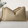 Foindtower Set of 2 Decorative Linen Fringe Lumbar Throw Pillow Covers Farmhouse Cushion Cover with Tassels Accent Pillowcase for Couch Sofa Bed Living Room Home Decor,12×20 Inch,Light Khaki Taupe