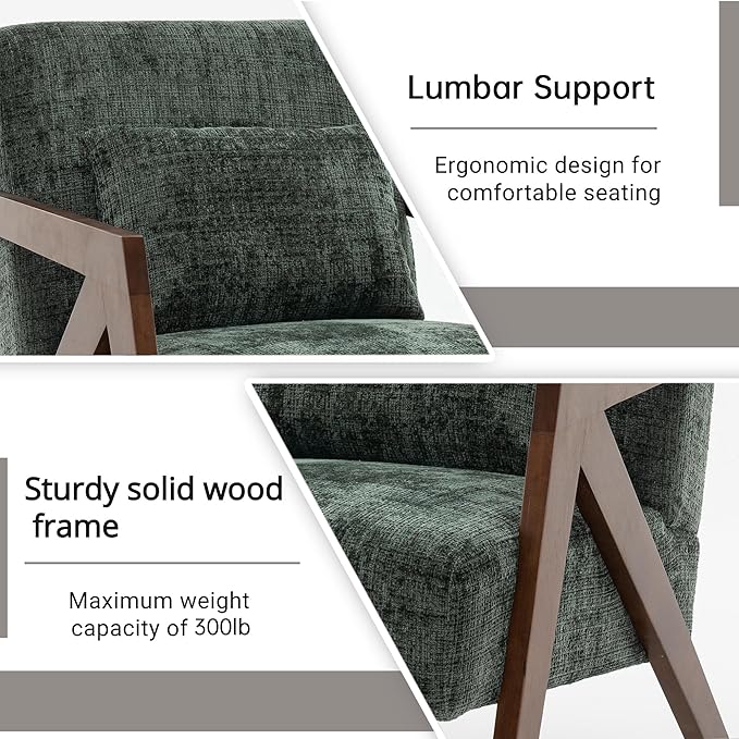 Mid Century Modern Accent Chair with Solid Wood Frame，Upholstered Chenille Living Room Arm Chairs with Pillow for Bedroom, Living Room, Reading Room, Balcony (1, Dark Green)
