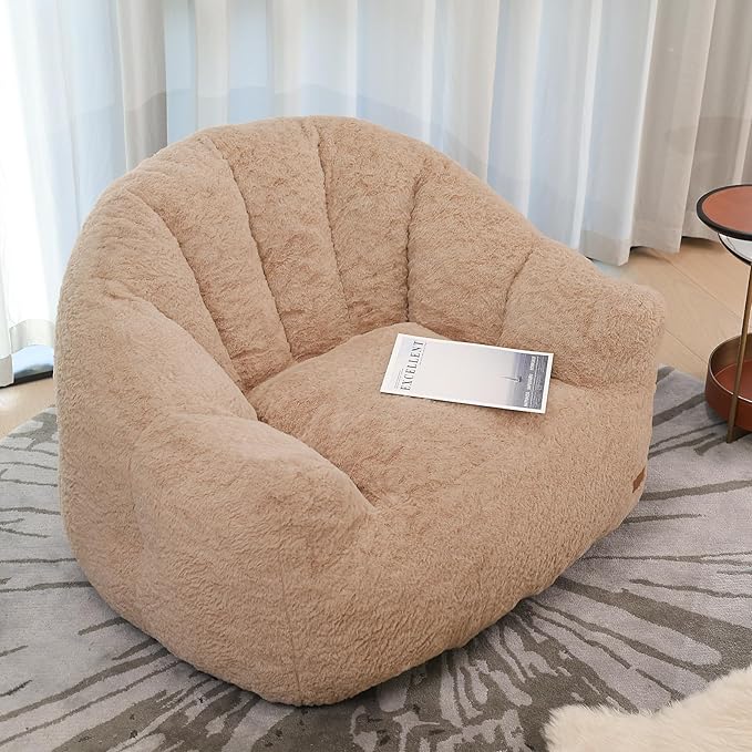 Big Bean Bag Chairs for Adults Giant Sofa with Faux Fur Shell-Shaped Beanbag Couch, Stuffed Large Bean Bag Floor Chair for Living Room, Beanbags Reading Chair for Bedroom Single Sofa(XL-Khaki)