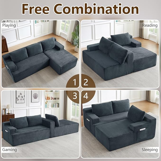 96.1" Modular Sectional Sofa Couches L-Shape Couch 3 Seat Modular Sofa Corduroy Memory Foam Sectional Boneless Couches for Living Room, Cloud Couch with Oversized Chaise(Dark Gray, Right Facing)