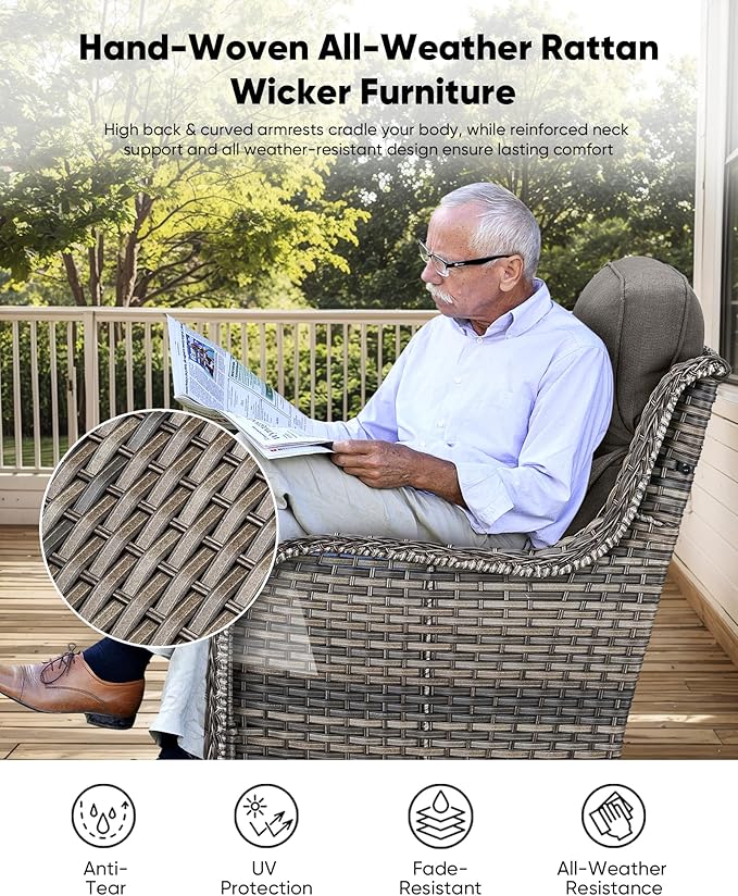 HUMMUH 6 Pieces Patio Furniture Set with Fire Pit High Back Outdoor Furniture Set 6-inch Cushions Wicker Patio Swivel Rocker Chairs for Balcony Garden,Lawn,Deck