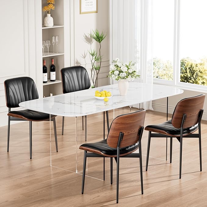 Dining Chairs Set of 6, Mid-Century Modern Upholstered PU Leather Chairs with Walnut Bentwood Back and Metal Legs Adjustable Feet for Kitchen Dining Room, Black Shell Strips