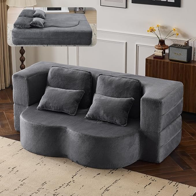 Orynveela Convertible Folding Sofa Bed, 78” Full Size Floor Sleeper Couch, Chenille Full Foam Futon Loveseat for Living Room Bedroom, No Assembly Required (Grey)