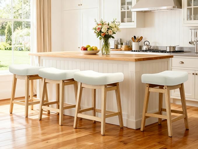 RNKSFX Counter Height Bar Stools Set of 4 for Kitchen Counter Backless Farmhouse Kitchen Island Barstools with Upholstered Faux Leather Saddle Seat and Solid Wood Legs Modern 24 inch Bar Chairs, White