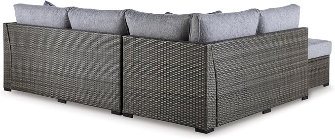 Signature Design by Ashley Petal Road Casual Nuvella Weather Resistant Fabric, Cushioned Outdoor Loveseat Sectional/Ottoman/Table Set with 2 Throw Pillows, Set of 4, Gray