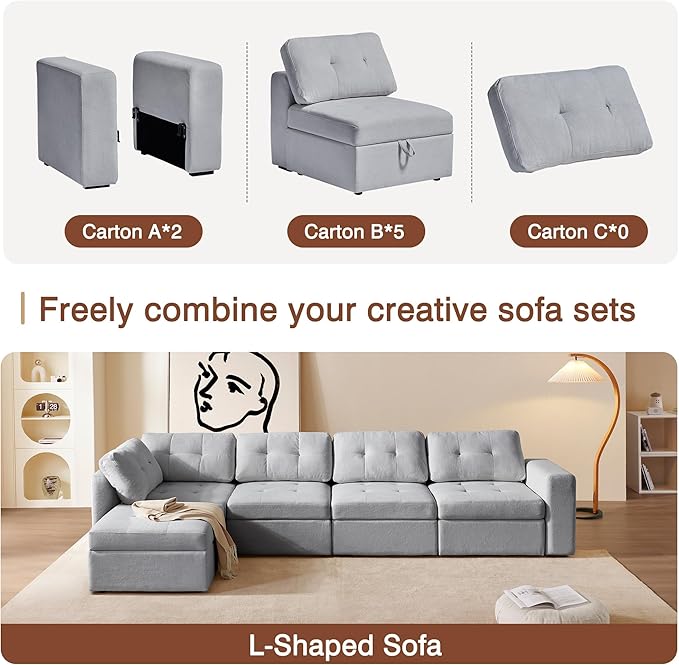 ORRD Convertible Sectional L Shaped Sofa with Storage, Modular Sectional 5 Seater Tufted Sofa Set with Chaise - Grey