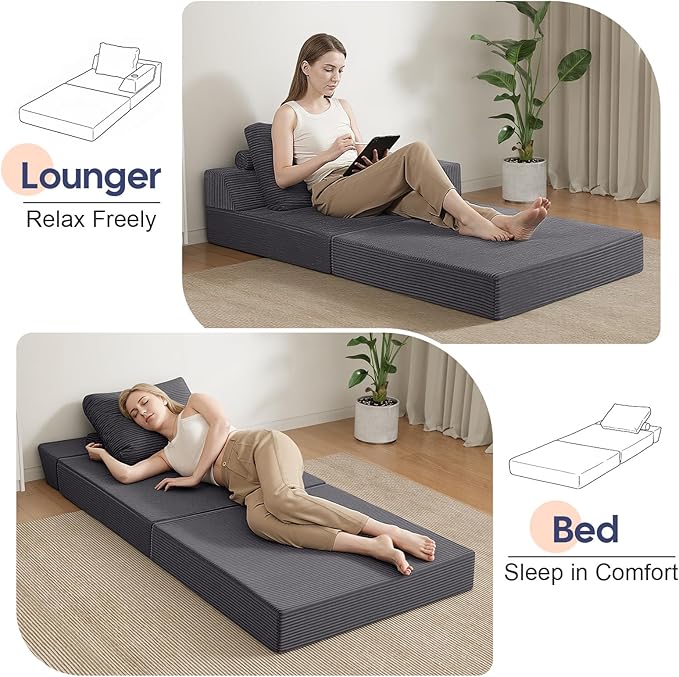 COMAX Folding Sofa Bed, Foldable Couch for Bedroom, Corduroy Convertible Floor Sleeper Futon Chair Foam, 3 in 1 Fold Out Chair Portable Comfy Lounge Couch Single Sofa Bed for Small Space Guest Room