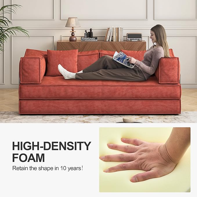 Carzzi-Life 79" Convertible Sofa Bed with Pillows, Corduroy Folding Sleeper Sofa with Fixed-Shape Frame, Boneless Couch for Living Room Bedroom, Floor Sofa Lounge No Assembly Required
