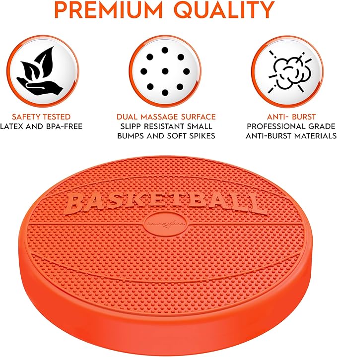 Shaped Wiggle Seats by Bouncyband–Orange Basketball, 13”x13”x2.2” –Inflatable Sensory Cushion for Kids, Improves Student Productivity and Focus, Comes with Easy-Inflation Pump to Customize Firmness