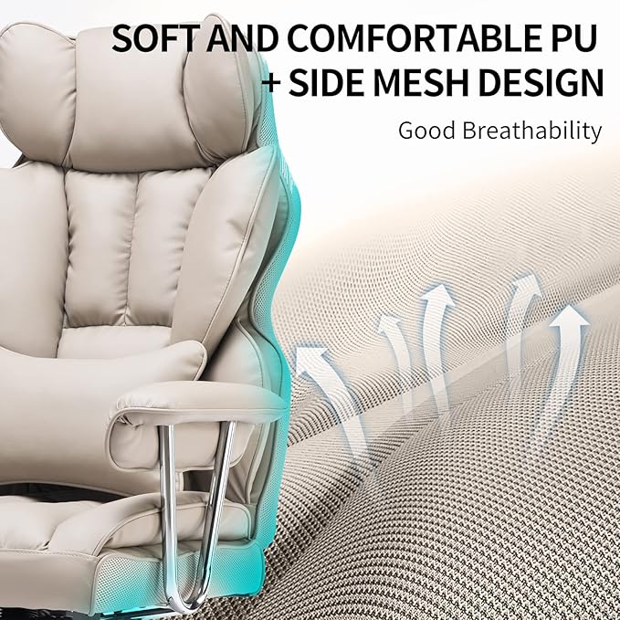 Efomao 400lbs Big and Tall Office Chair - 23.5" Wide Seat PU Leather Executive Desk Chair with Footrest, Heavy Duty Thickened Mechanism Computer Chair, Grey
