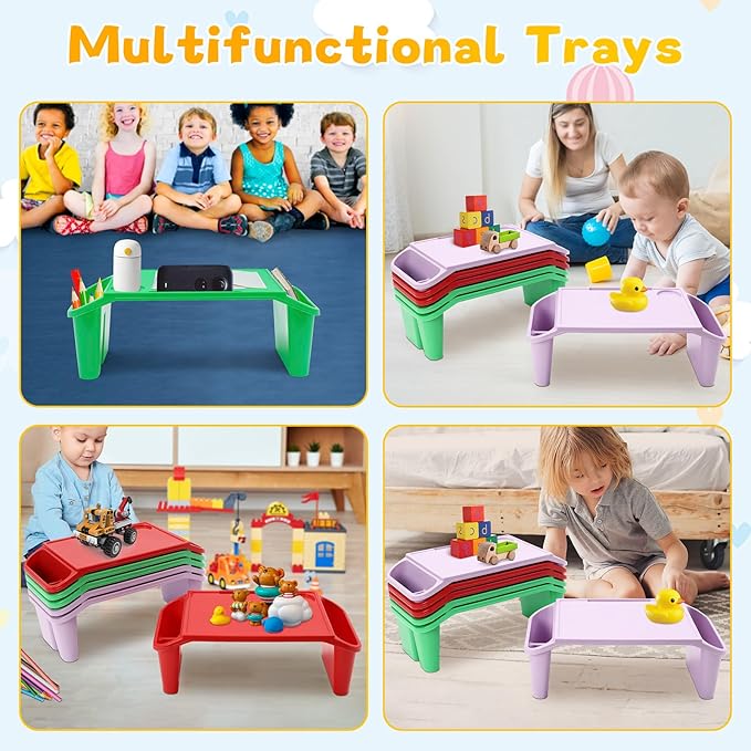 6 Pcs Kids Lap Desk Tray, Plastic Breakfast Lap Desk Trays with Storage Slots, Portable Stackable Lap Tray Tables for Writing Drawing Classroom, 19.69" L x 9.84" W x 7.1" H (Red+Green+Purple)