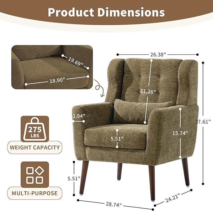 CHSICFOR Modern Accent Chair, Upholstered Arm Chair with Waist Pillow, Single Sofa Chair for Living Room Bedroom Small Spaces (Olive)