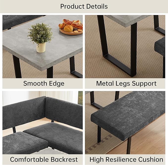 3-Piece Corner Dining Table Set with Bench, 67 Inch Space-Saving Breakfast Nook for Kitchen & Dining Room, Grey
