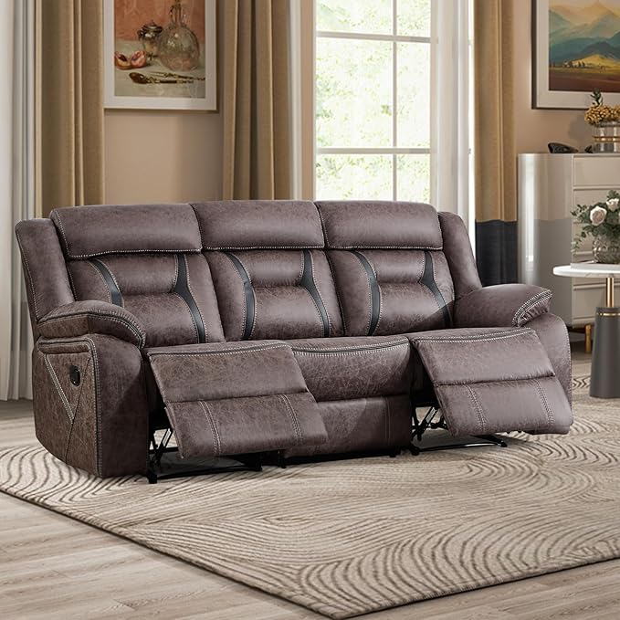 EBELLO Faux Leather Manual Reclining Sofa, 3 Seat Recliner Sofa Chair, Couch Furniture for Living Room, Furniture, Meeting Room, Grey (3 Seat Sofa)