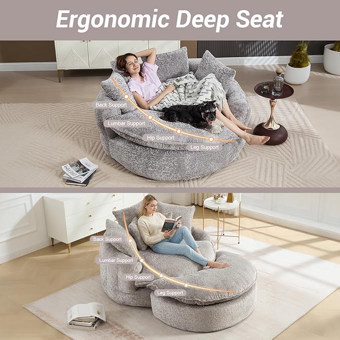 54" Oversized Round Chaise Lounge Indoor Boneless Bean Bag Chair with Movable Ottoman Fluffy Comfy Reading Chair Large Circle Cloud Couch Sleeper Sofa Bed for Living Room, Bedroom, Light Gray