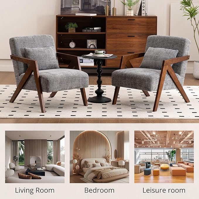 Mid-Century Modern Accent Chair Set of 2 with Solid Wood Frame，Upholstered Chenille Living Room Arm Chairs with Pillow for Bedroom, Living Room, Reading Room, Balcony, Grey