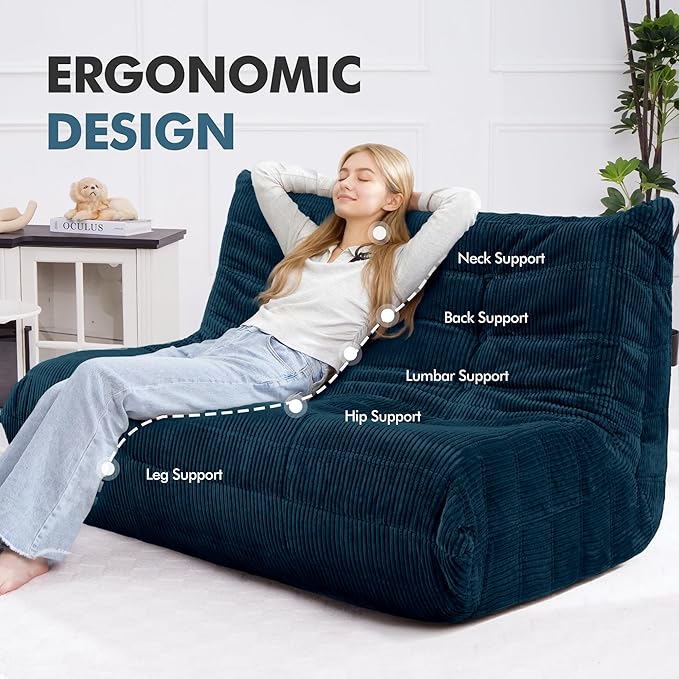 Bean Bag Chair,Giant Beanbag Chairs for Adults,Comfy Large Fireside Chair Lazy Sofa,Corduroy Bean Bag Lounger with Memory Foam Filled,Floor Sofa Couch for Living Room (Navy Blue, Loveseat)