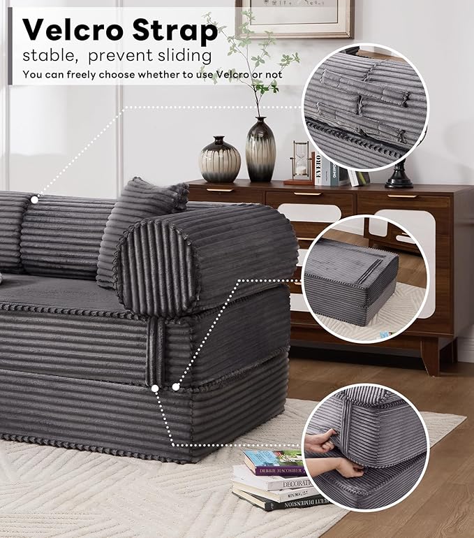 Tbfit 79'' Folding Boneless Couch, Oversized Corduroy Convertible Sofa Bed, Futon Mattress Sleeper Sofa, Comfy Foldable Upholstered Floor Couches for Living Room, Gray