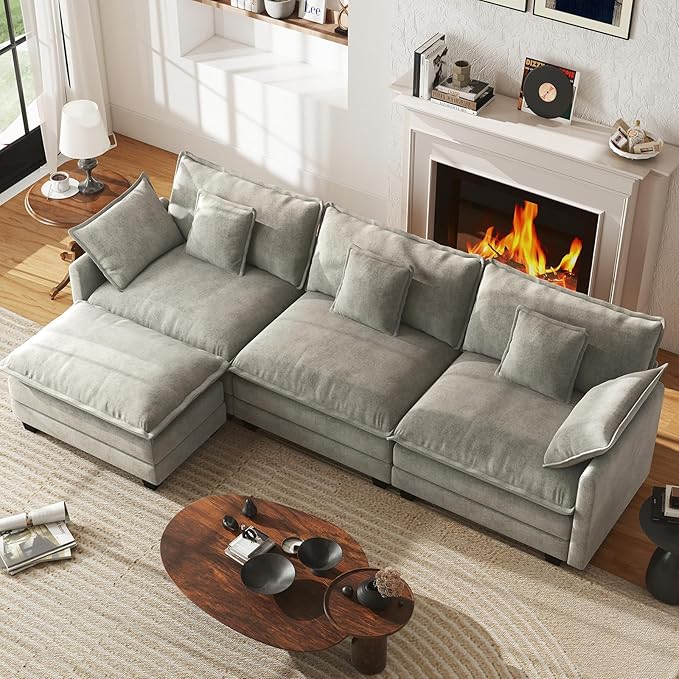 WorthFurni 111.4” Cloud Couch, Modular Sectional Sofa, Comfy Modern 3-Seater Couches with Pillows & Upholstered Deep Seat Cushion for Apartment Living Room Bedroom （Grey）